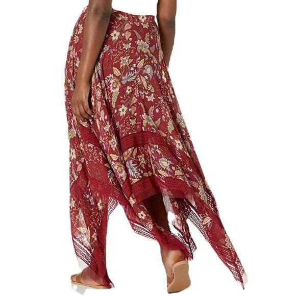 BCBGMAXAZRIA Boho Floral Print Handkerchief Asymmetrical Midi Skirt Burgundy S - Picture 3 of 4